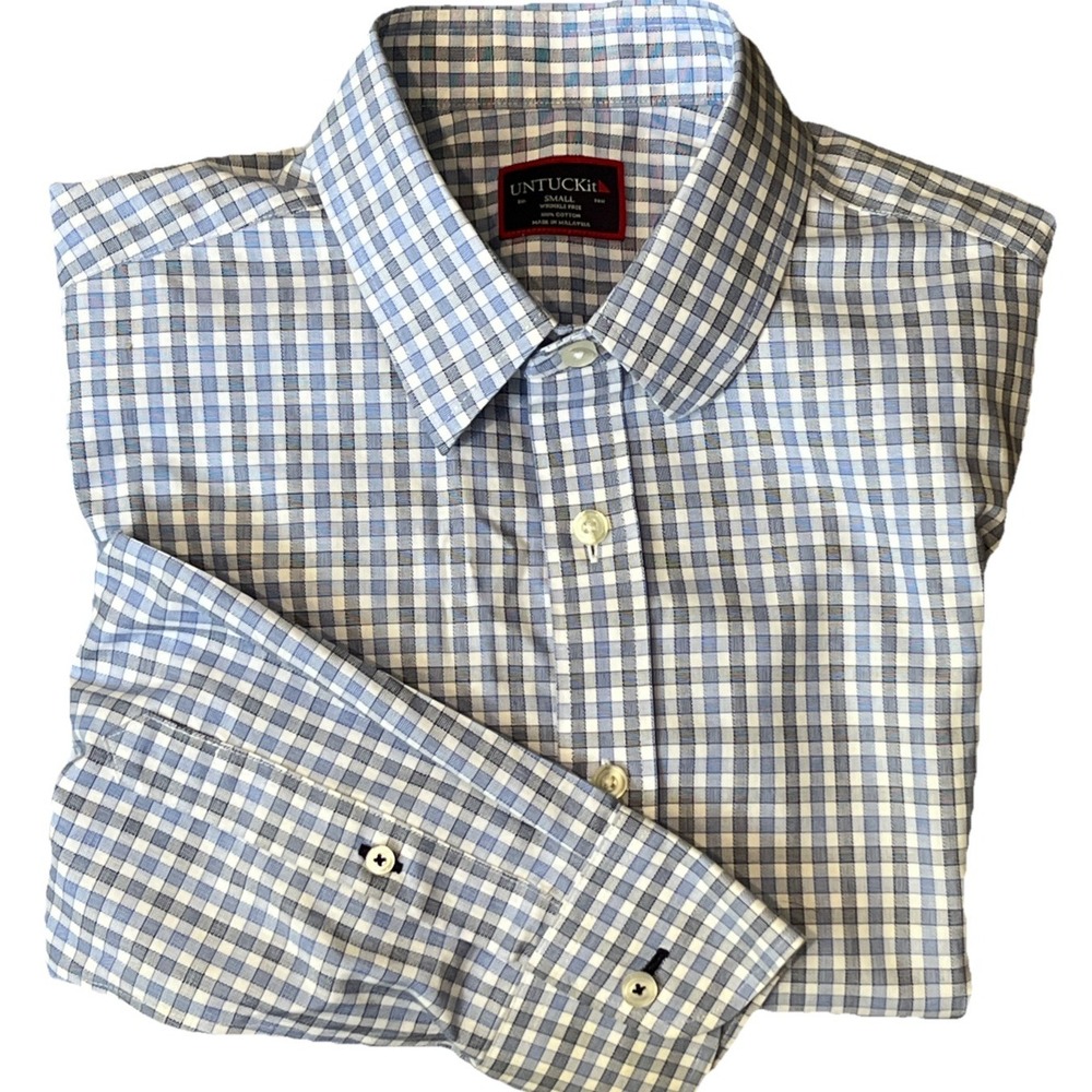 UNTUCKit Durif Blue White Check Reg Fit Long Sleeve Button Up Men's Shirt Small
